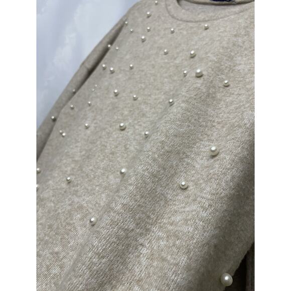 Zara Sweater Jumper Womens Small Beige Pearl Beads 3/4 Sleeve Crew Neck - Picture 3 of 6